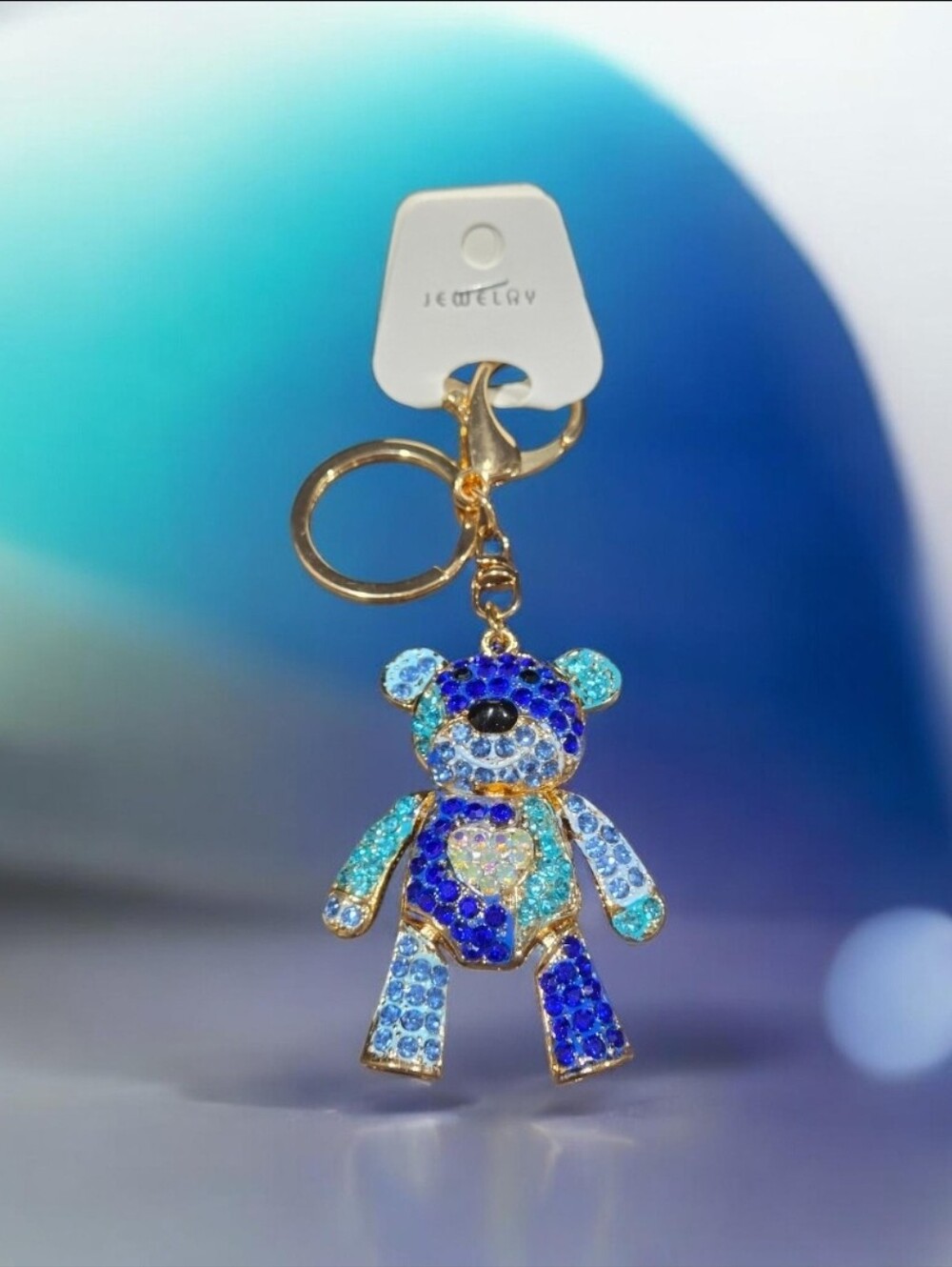 Blue Crystal & Gold Ton Teddy Bear Keychain -